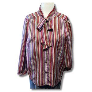 VINTAGE Plus-size vintage vertical striped pussy bow blouse 2X XXL 3X XXXL shirt